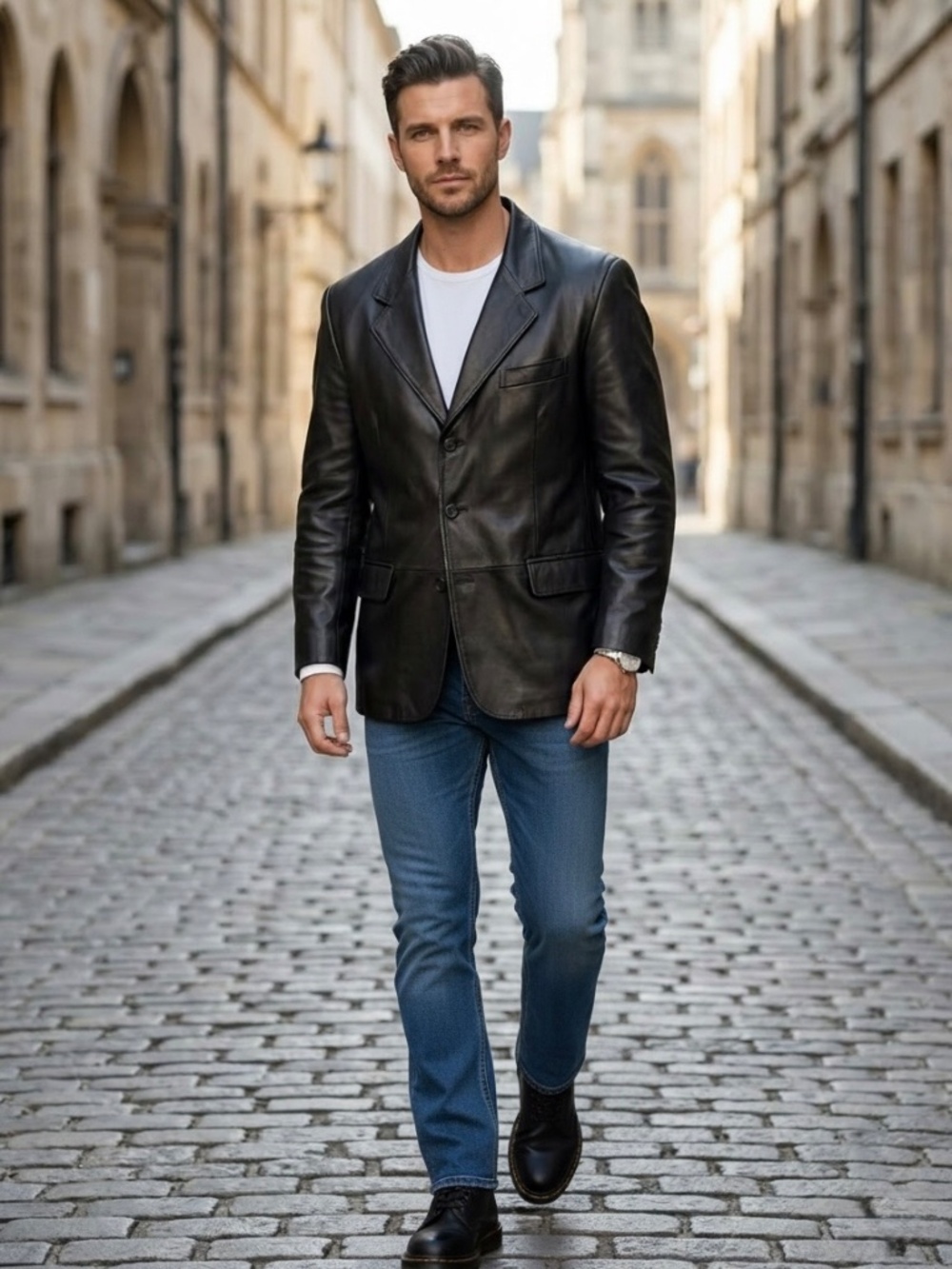 Di Capra International Men's Black Genuine Leather Blazer Jacket Size 42 Large